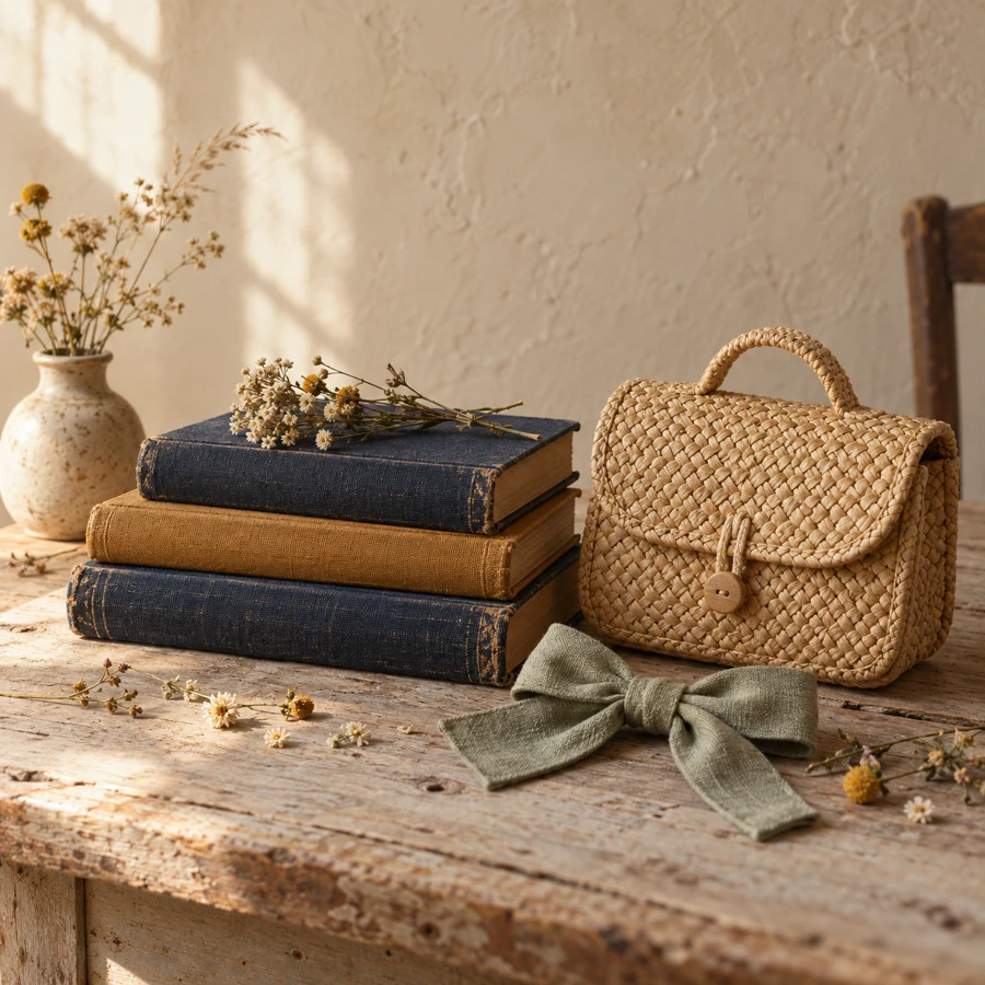 Vintage books, a linen bow and a straw satchel on an old wooden desk