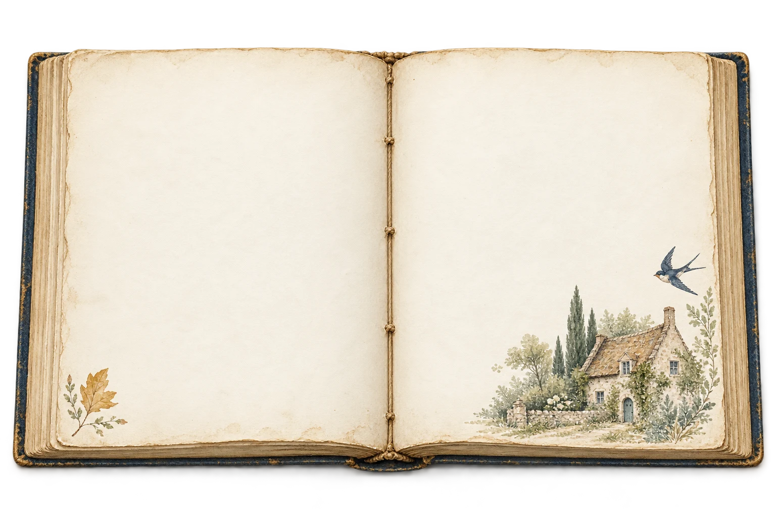 An open storybook illustrated with a quiet cottage and trees