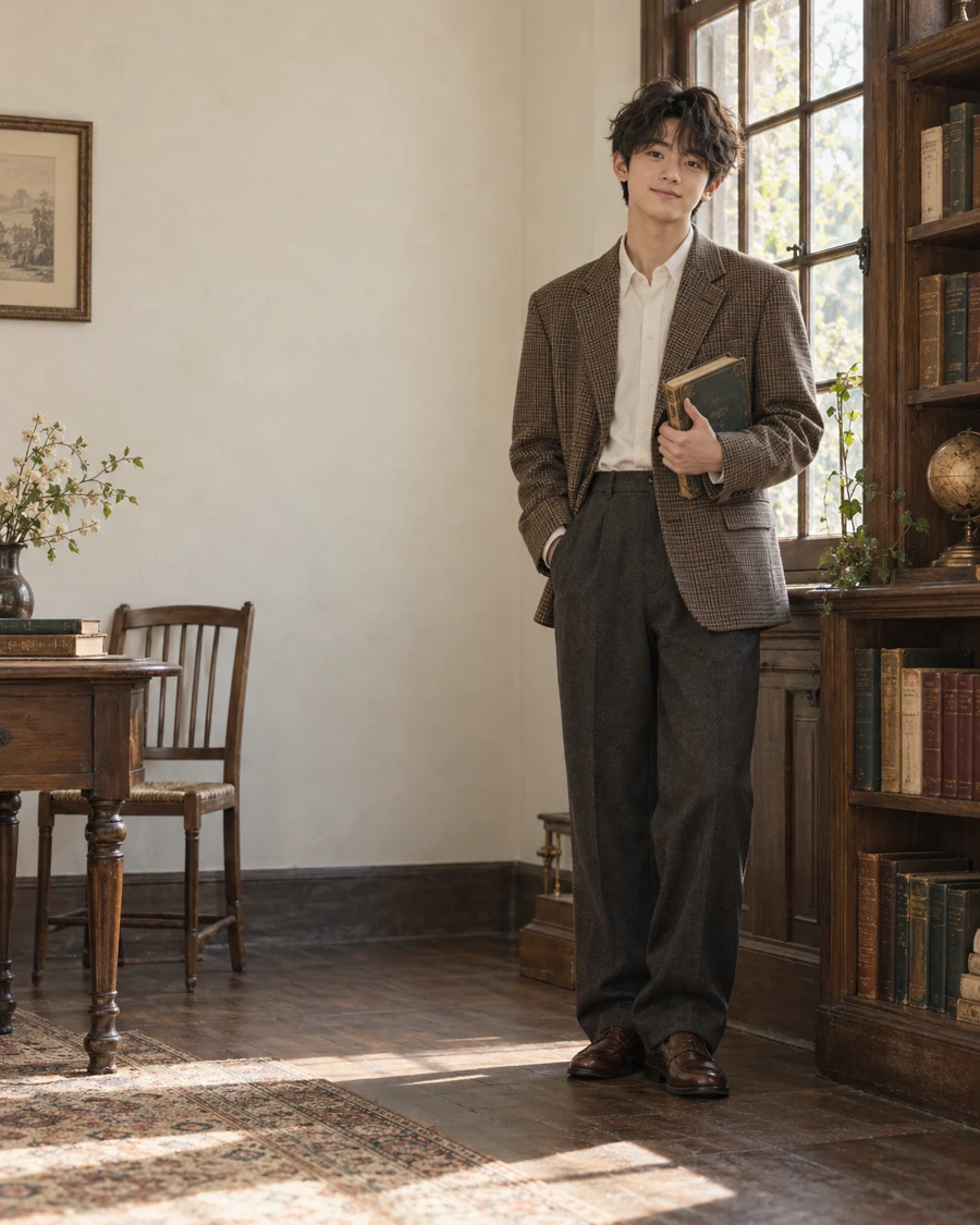 Teenager wearing a checked jacket and relaxed trousers in a quiet library