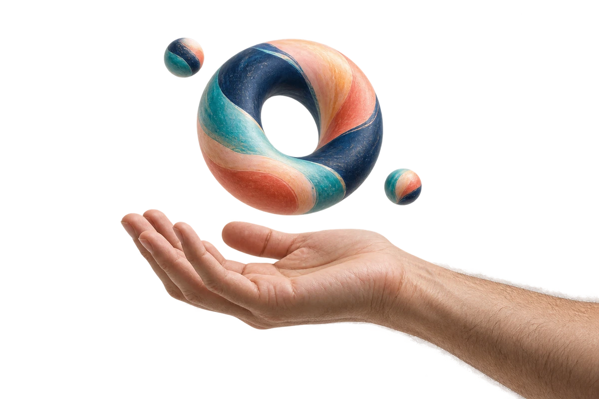 An open hand supporting a colourful sculptural ring
