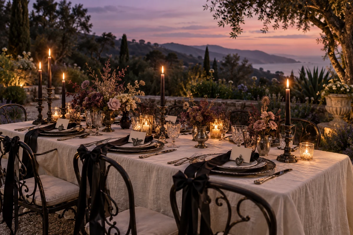 An intimate gothic-inspired party table with plum flowers, ribbons and candles