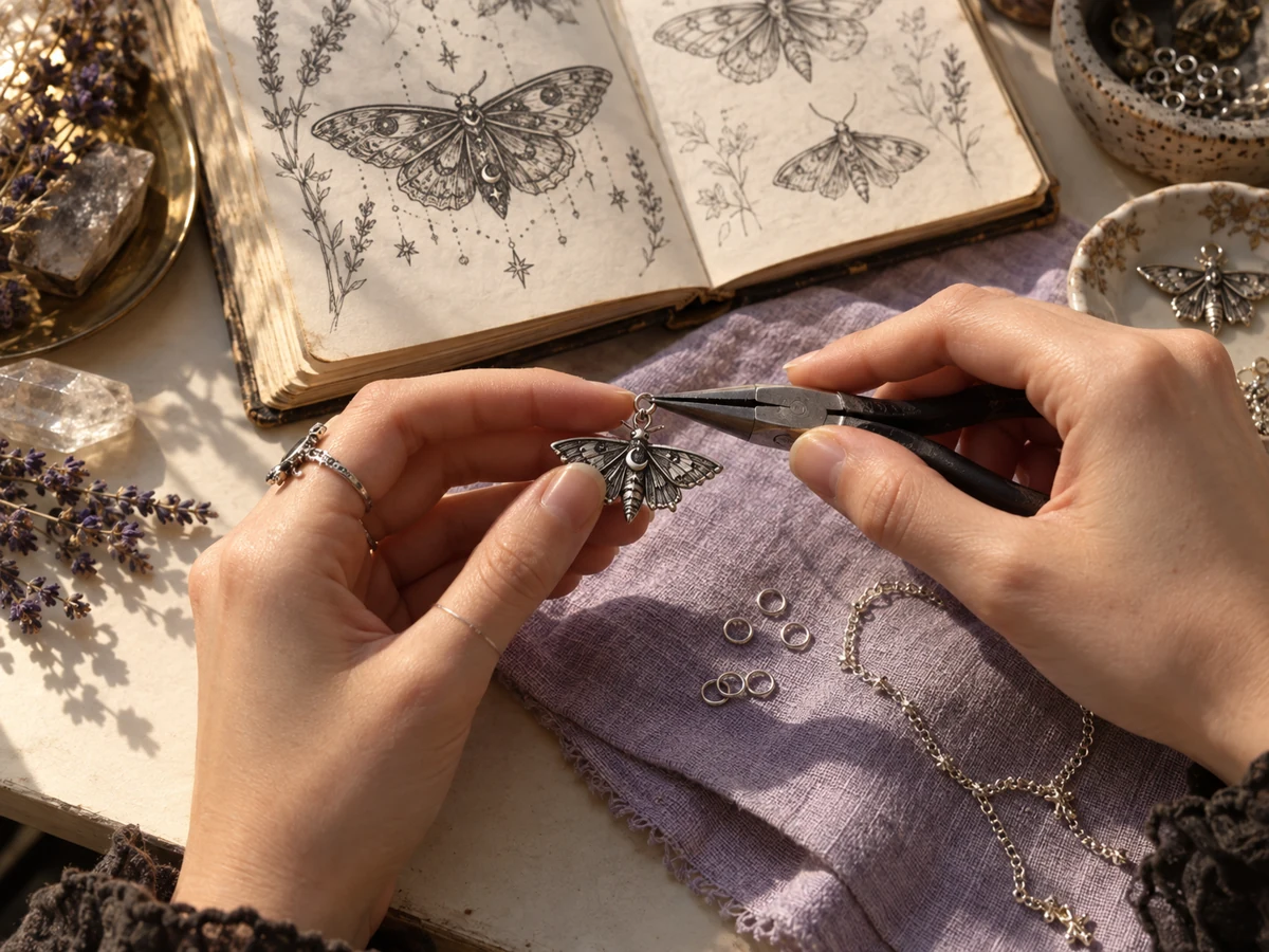 Hands assembling a small silver-toned charm in a sunlit studio