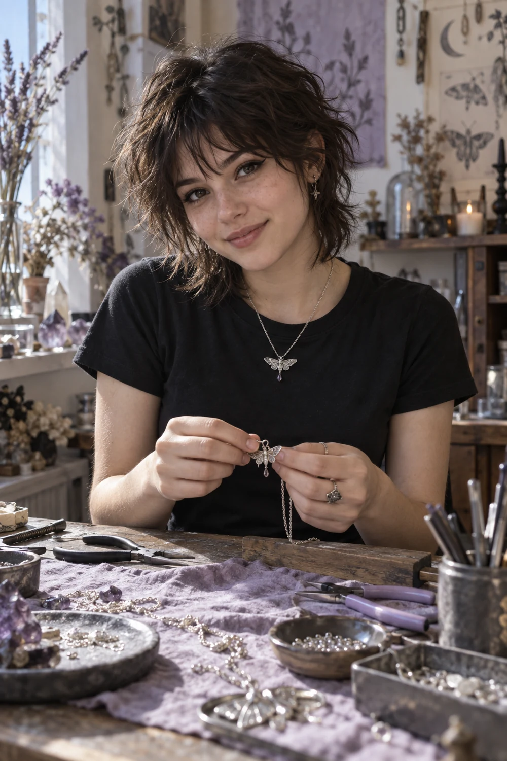 A young jewelry maker holding a tiny pendant at her studio table