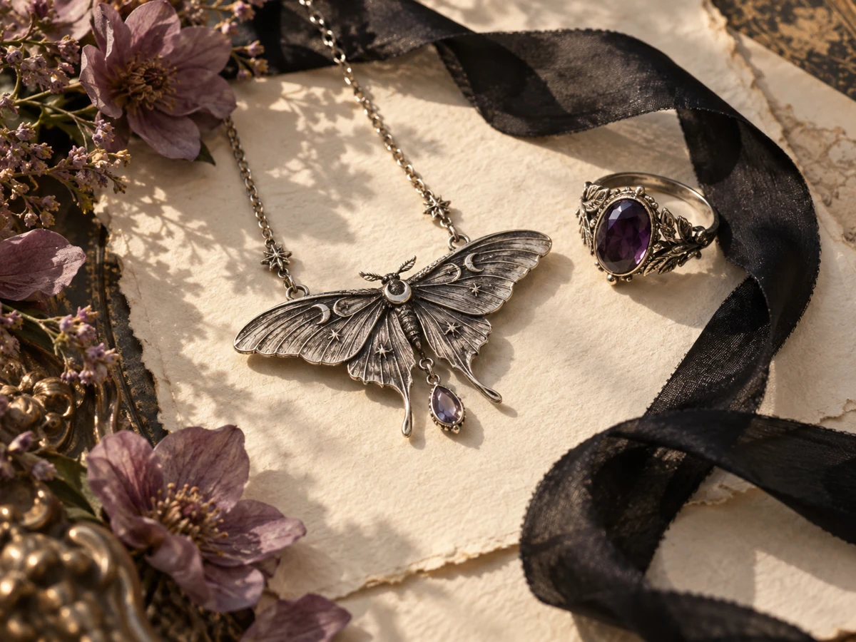 Silver jewelry and a black ribbon styled with vintage paper and flowers