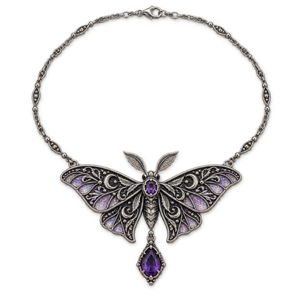 Silver-toned moth necklace with a purple teardrop