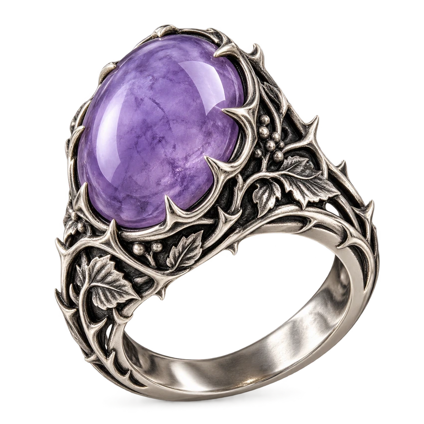 An ornate purple-stone ring