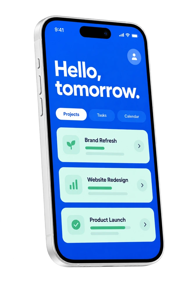 A blue mobile app concept with a simple project overview