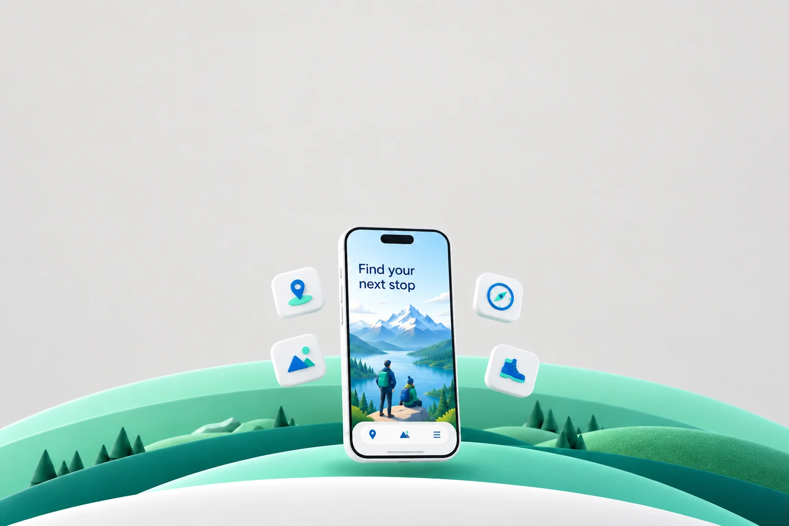 A white travel-app phone floating above mint-green landscapes