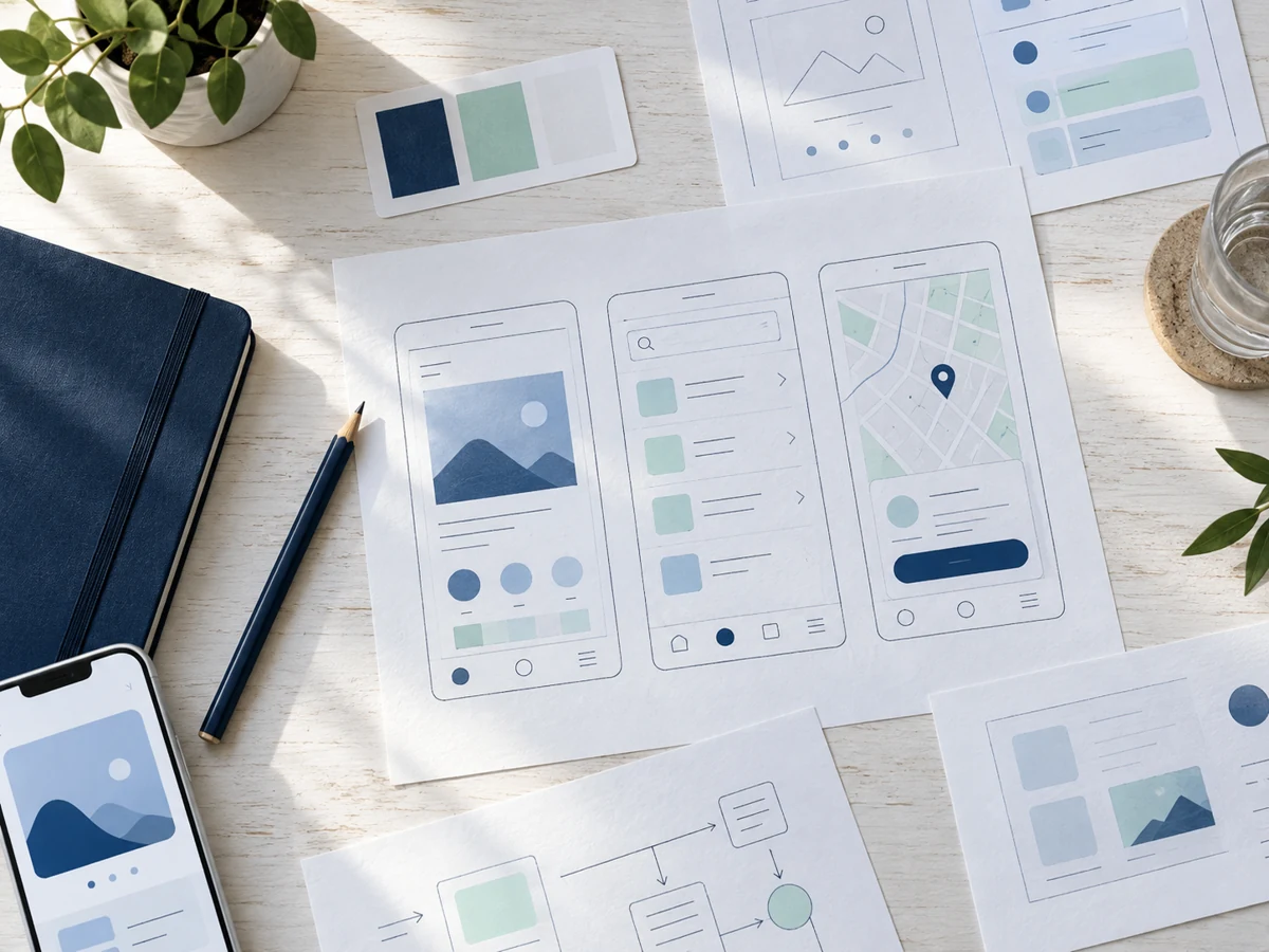 App wireframes and research notes on a design desk
