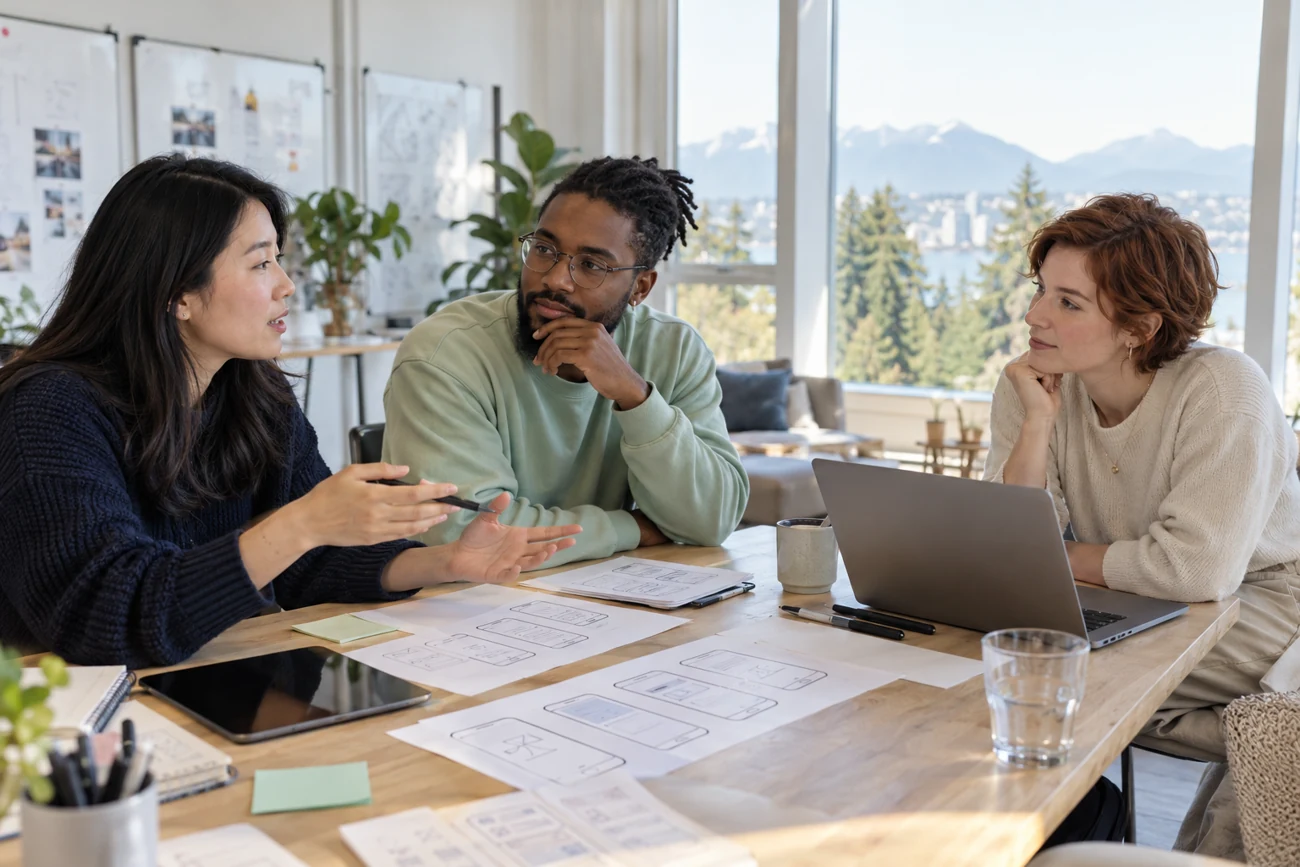 Designers discussing an app prototype in a bright Canadian studio