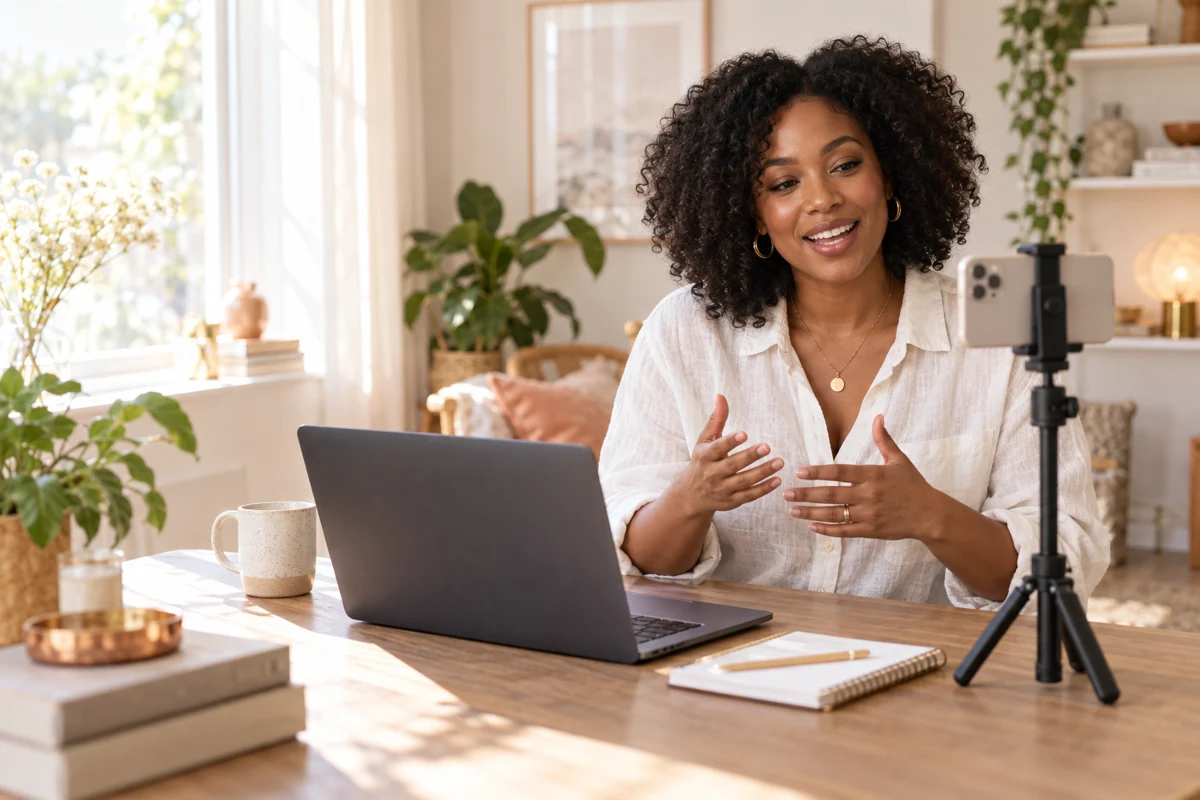 A creator filming a video at her sunlit home desk
