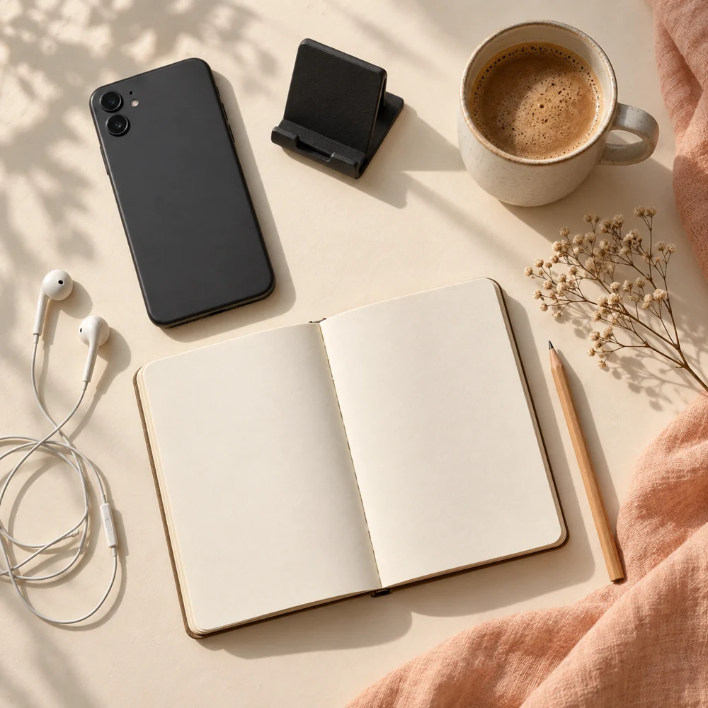 An approachable creator kit with a phone stand, notebook, and headphones