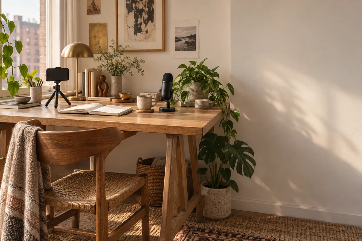 A simple home workspace with a phone, notebook, and microphone