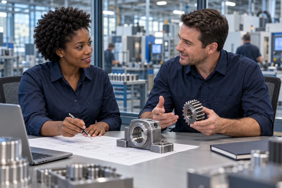 Illustrative sales professionals discussing manufacturing requirements