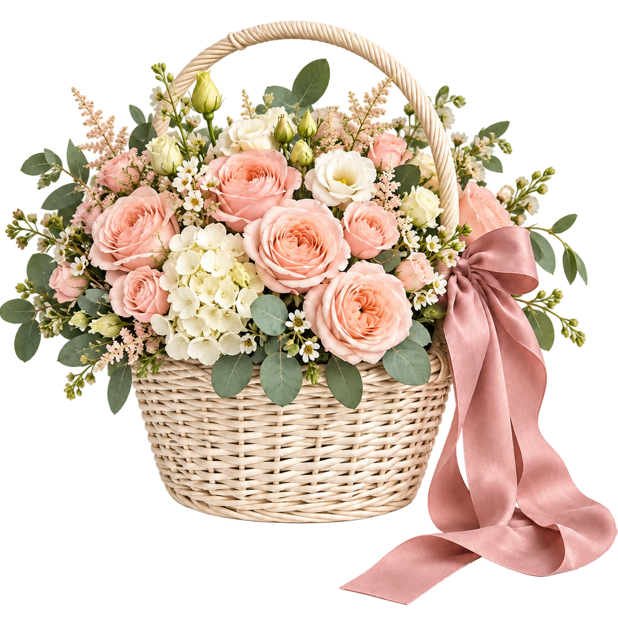 A basket of blush and apricot flowers