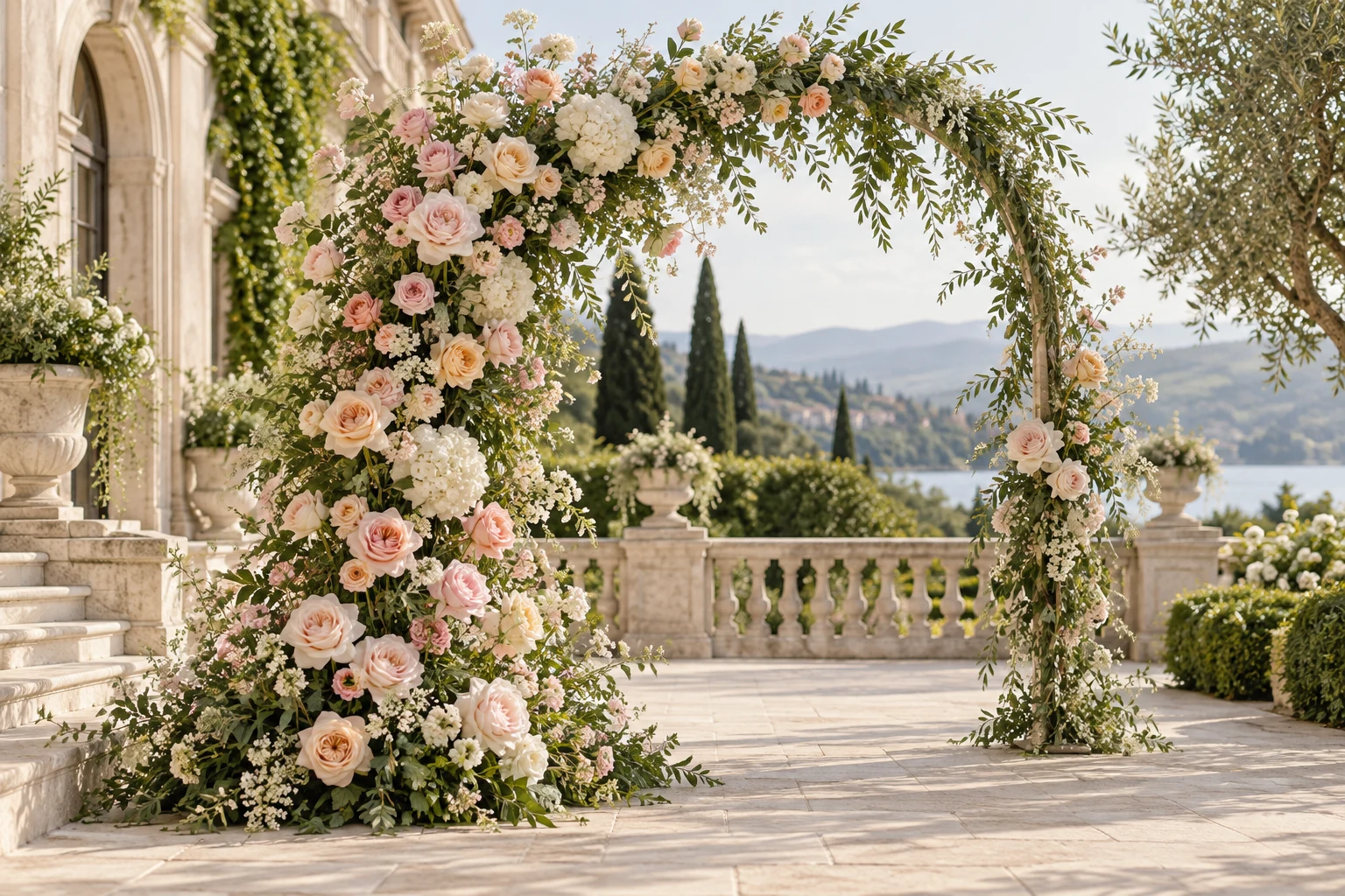 Romantic peach and ivory floral arch on a classical garden terrace