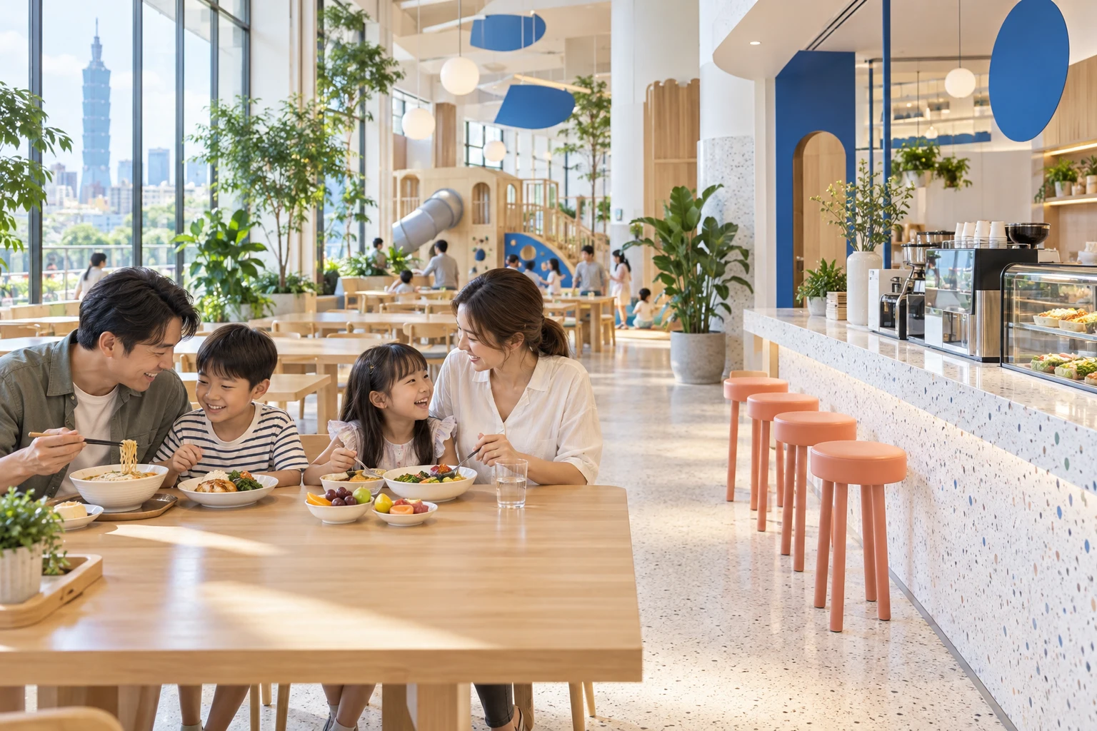 一家人在明亮的親子餐飲空間享用午餐