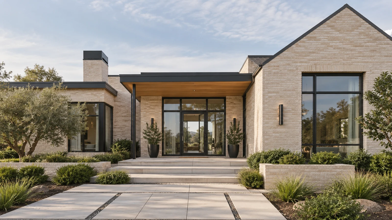 Contemporary American home with warm brick, timber details and large windows