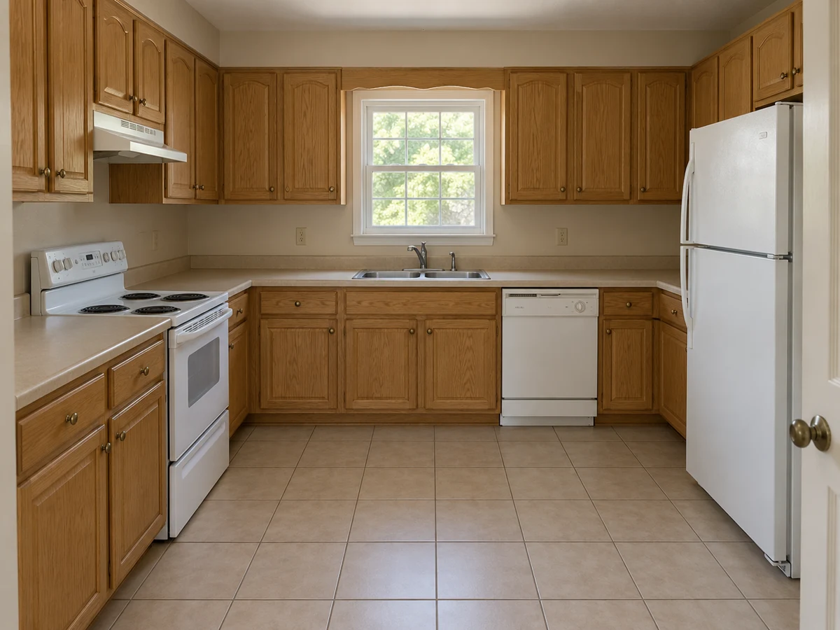 Before concept: kitchen with oak cabinets and dated finishes