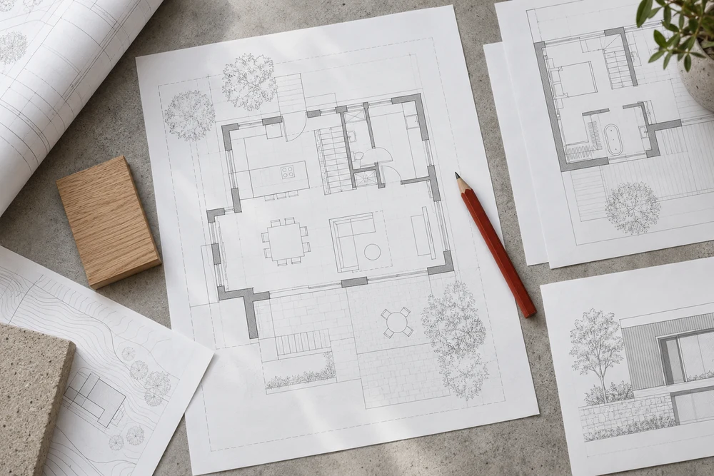 Architectural plans, a pencil and an oak material sample
