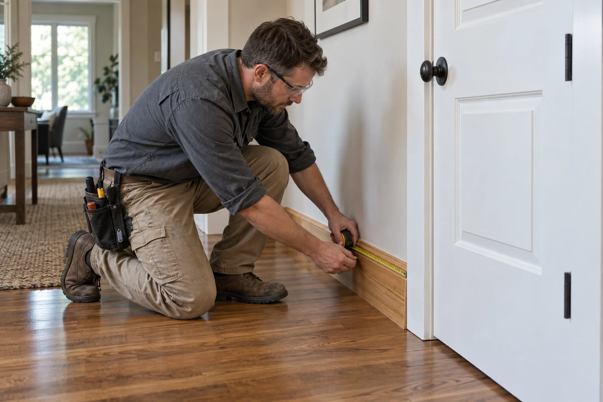A professional inspecting interior trim in a residential home