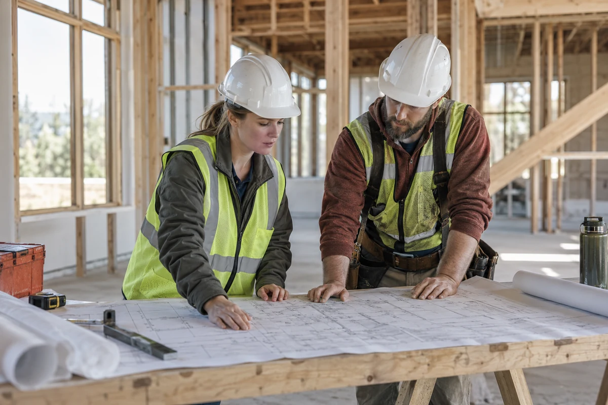 Construction professionals reviewing a project plan at a framed home