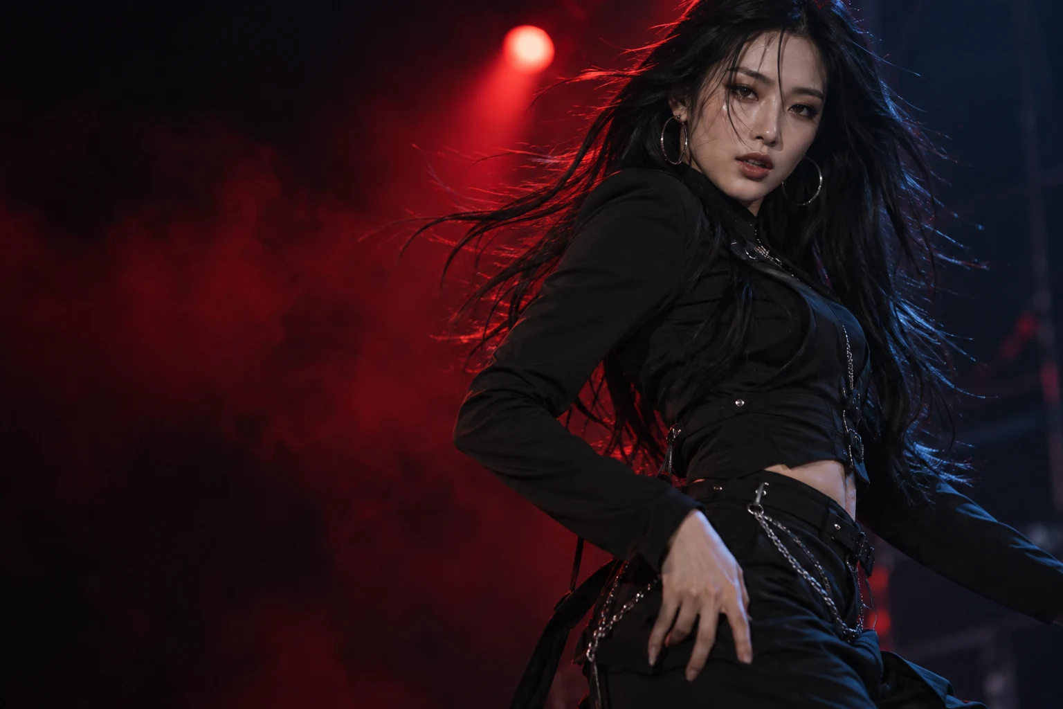 붉은 조명 아래 역동적인 포즈를 취한 아티스트 서아