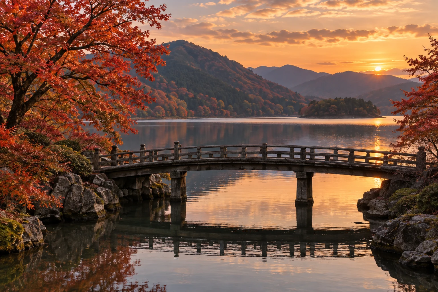 夕色中的湖畔與木橋