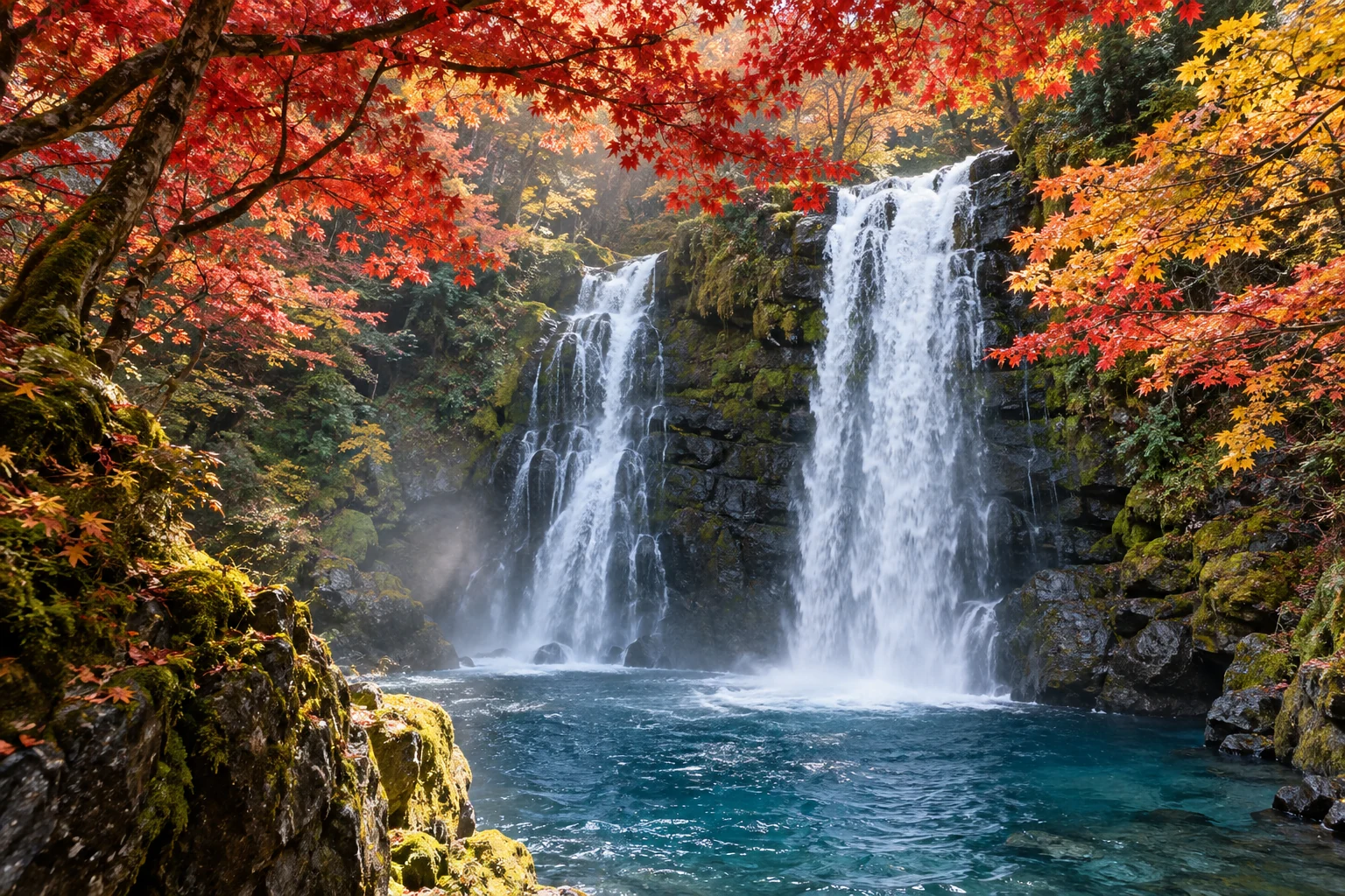紅楓掩映的山間瀑布