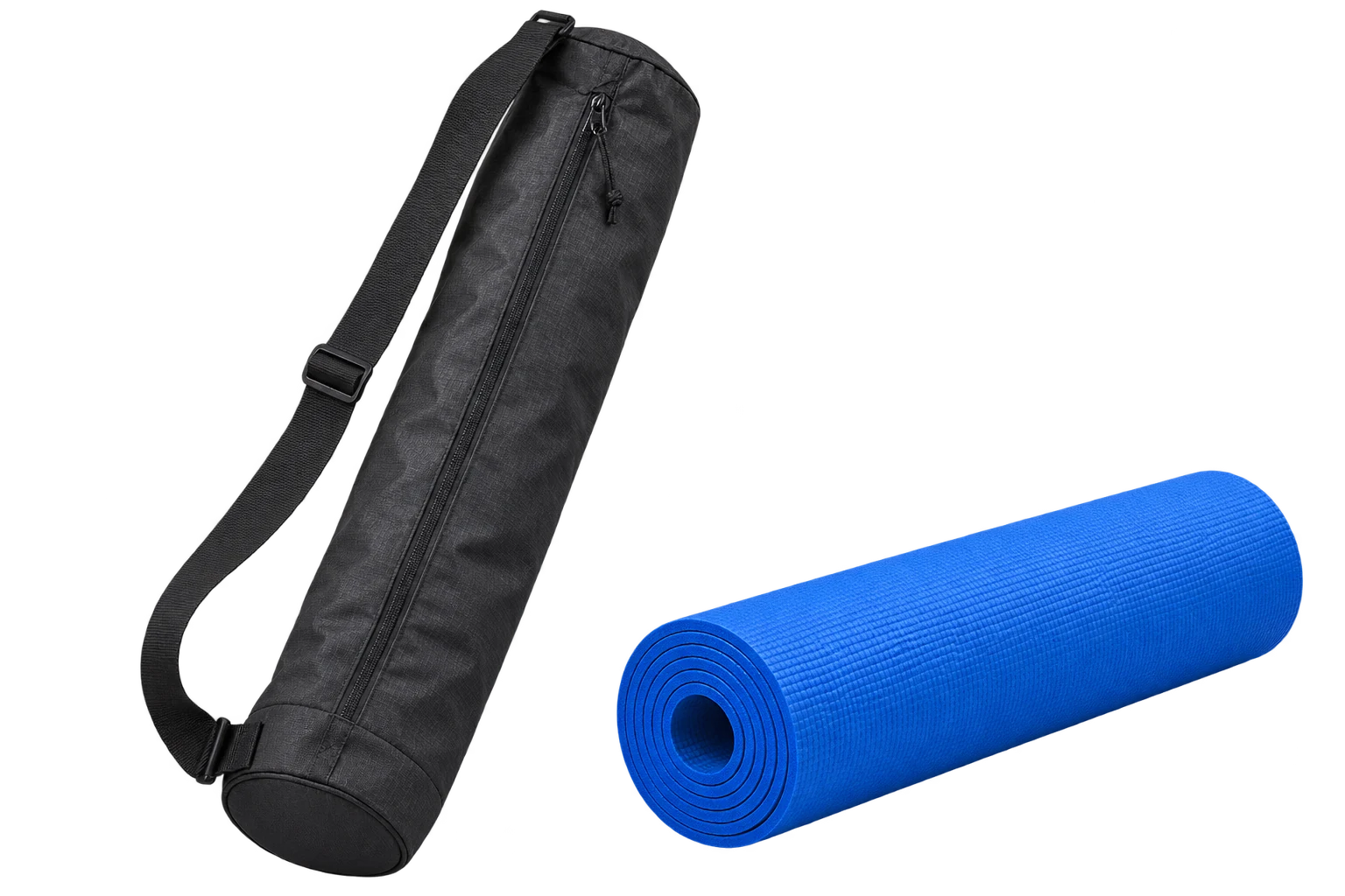 Charcoal carry bag with shoulder strap beside a rolled cobalt yoga mat