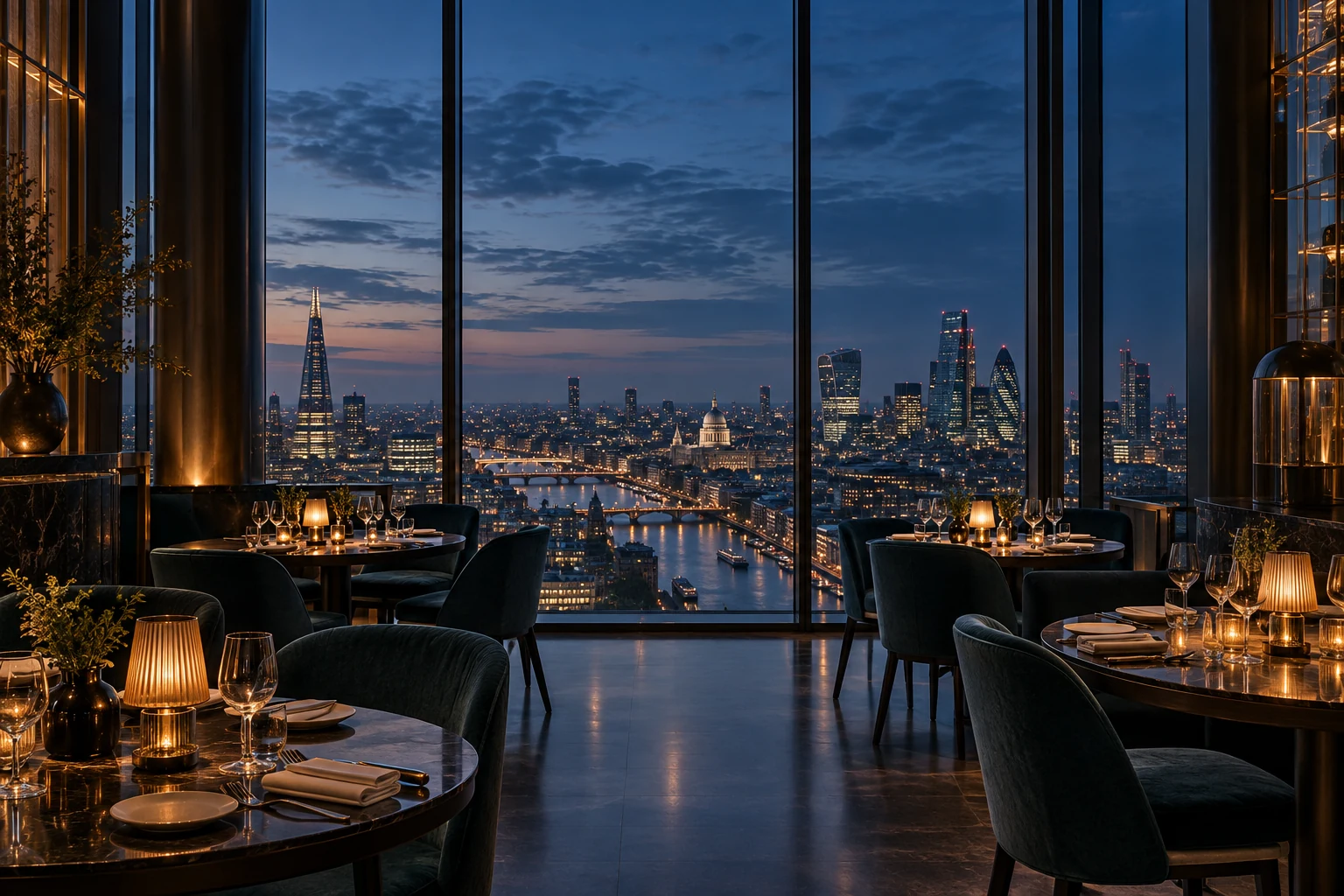 Candlelit dining room overlooking a city skyline at blue hour