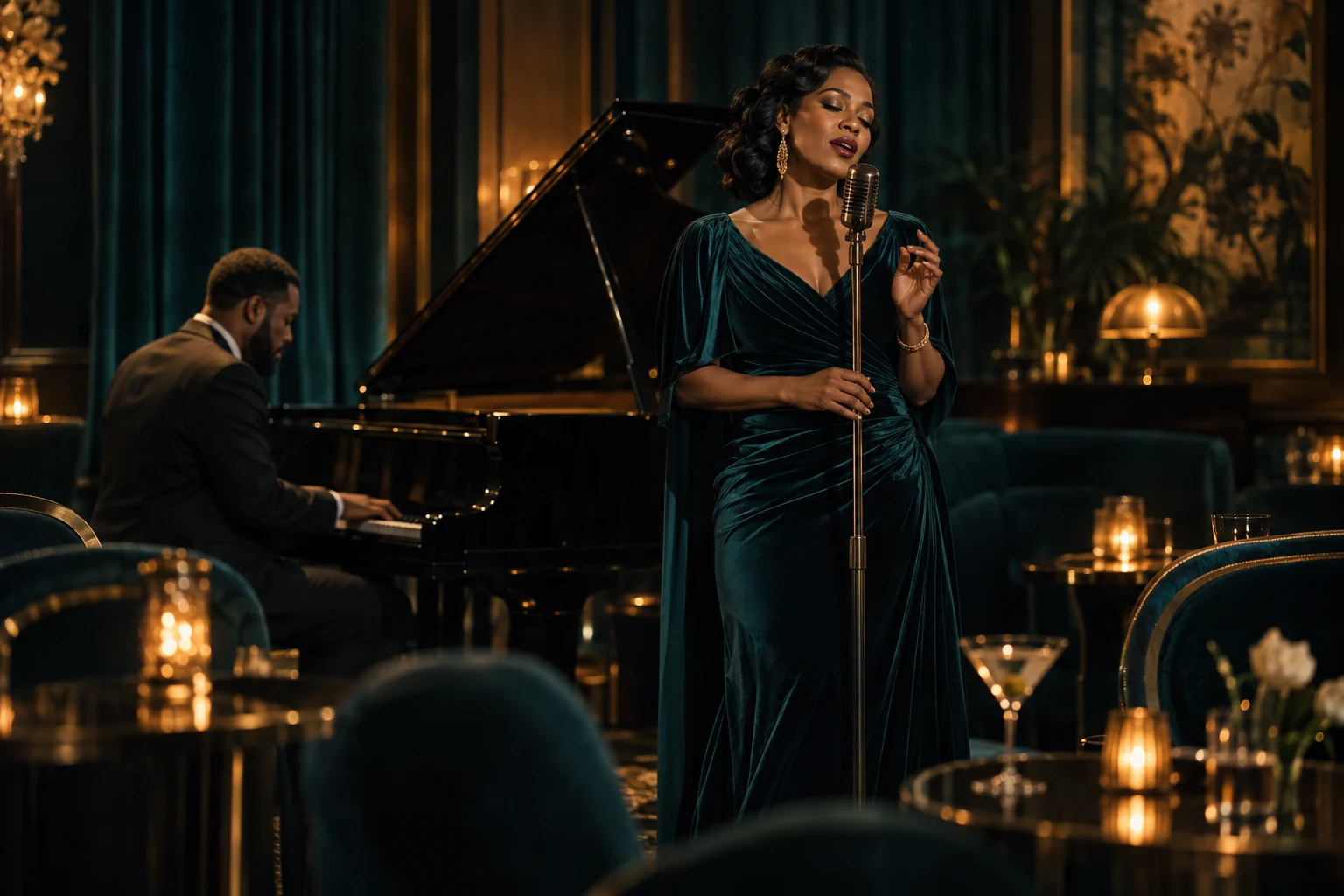 Fictional jazz performers on an intimate stage
