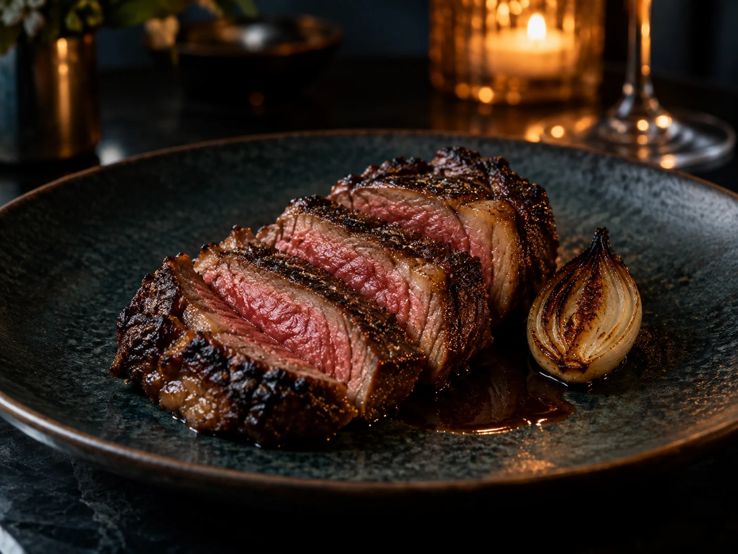 Sliced steak with charred shallot