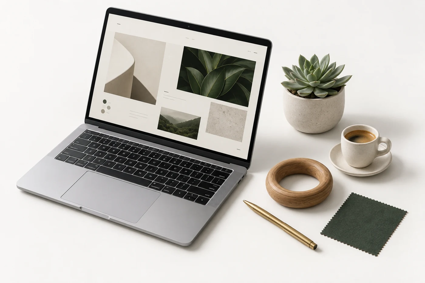 Sculptural studio arrangement of a laptop, ceramic cup, oak, brass and greenery