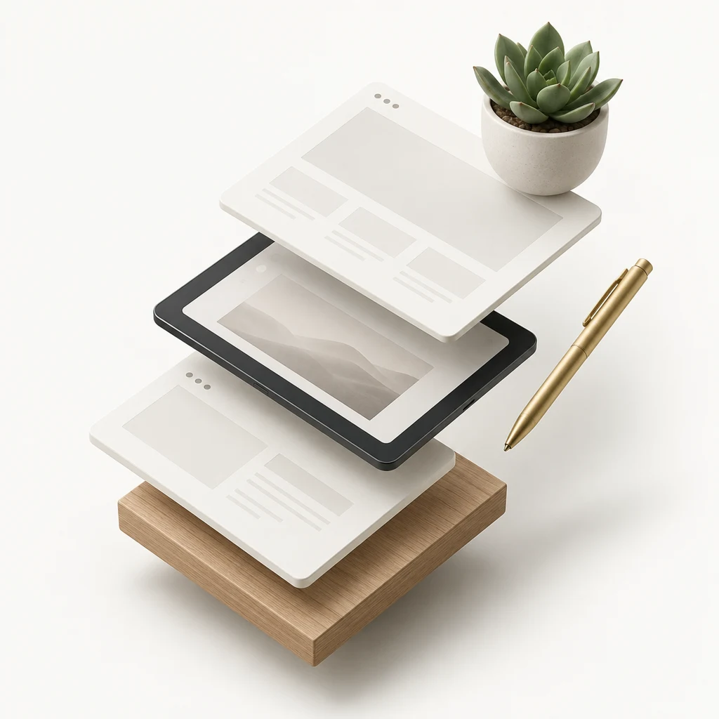 Layered design surfaces, a tablet, oak and greenery arranged in a floating studio composition