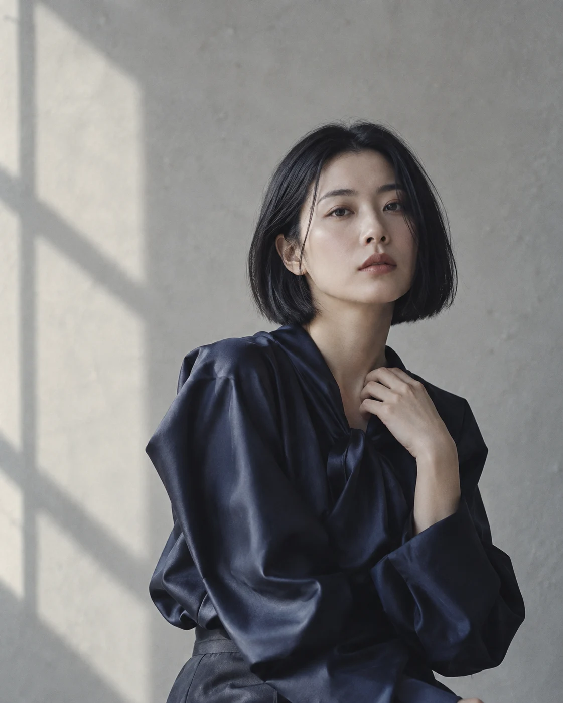 穿墨藍絲質上衣的成年女性，在柔和窗光中凝視鏡頭