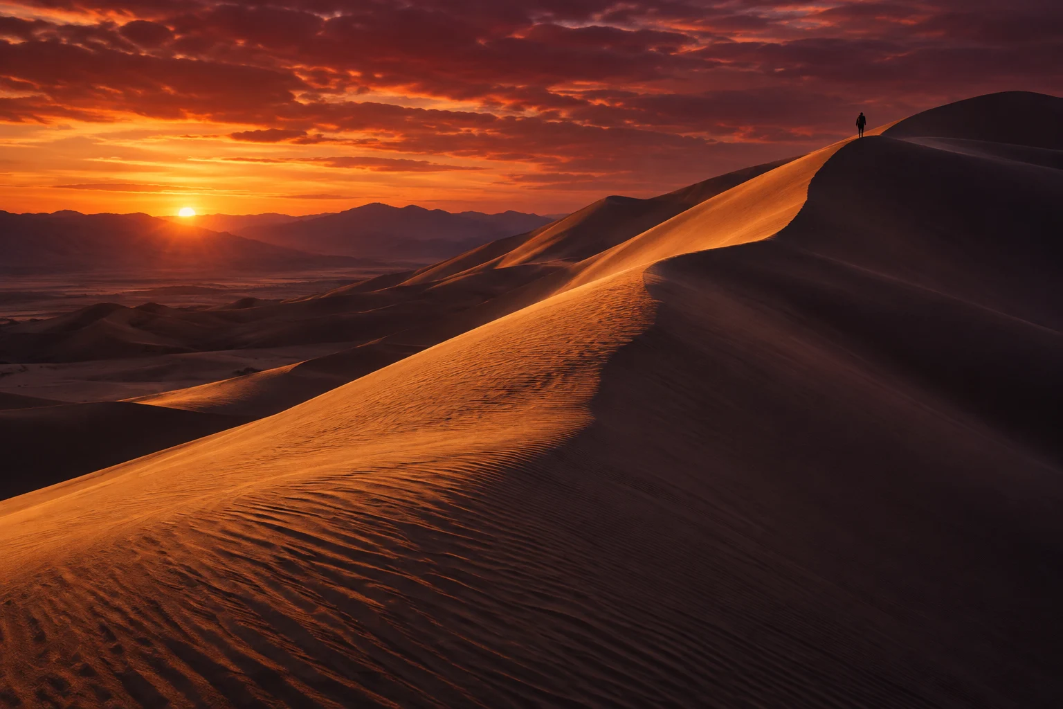 Golden sand dune ridge at dusk with a distant solitary hiker