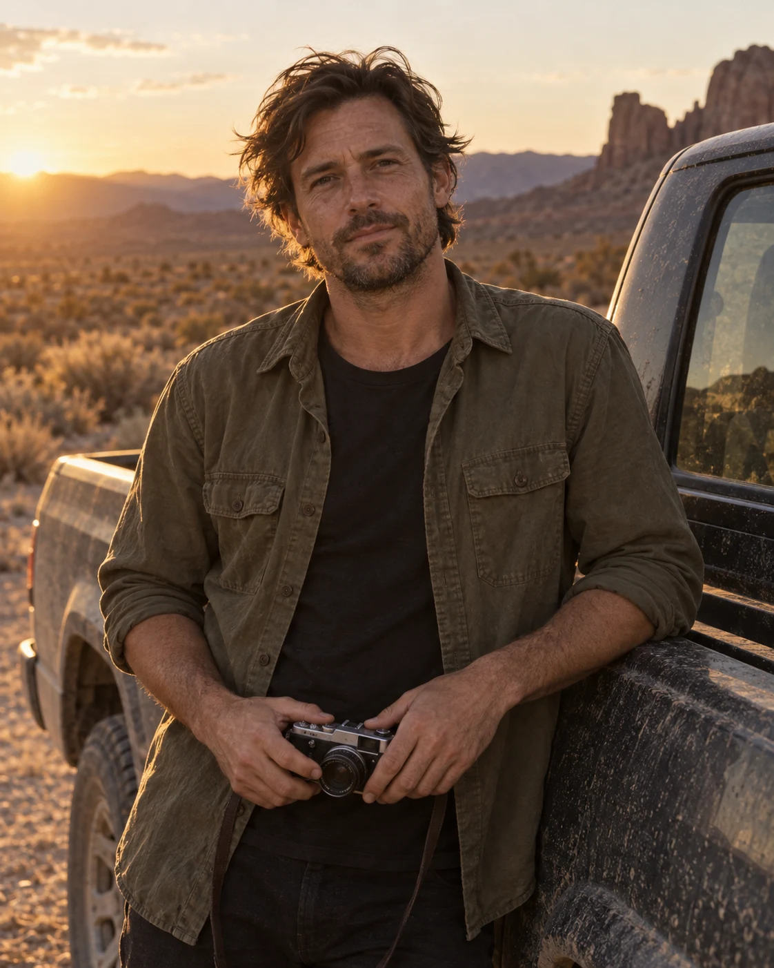 Fictional American photographer Calder Reed holding a camera beside a pickup in the desert