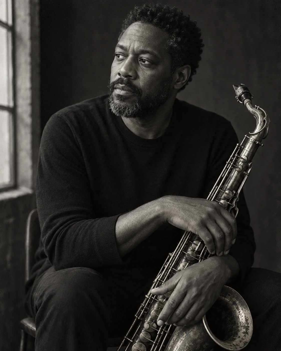 Black and white portrait of a jazz musician with a saxophone