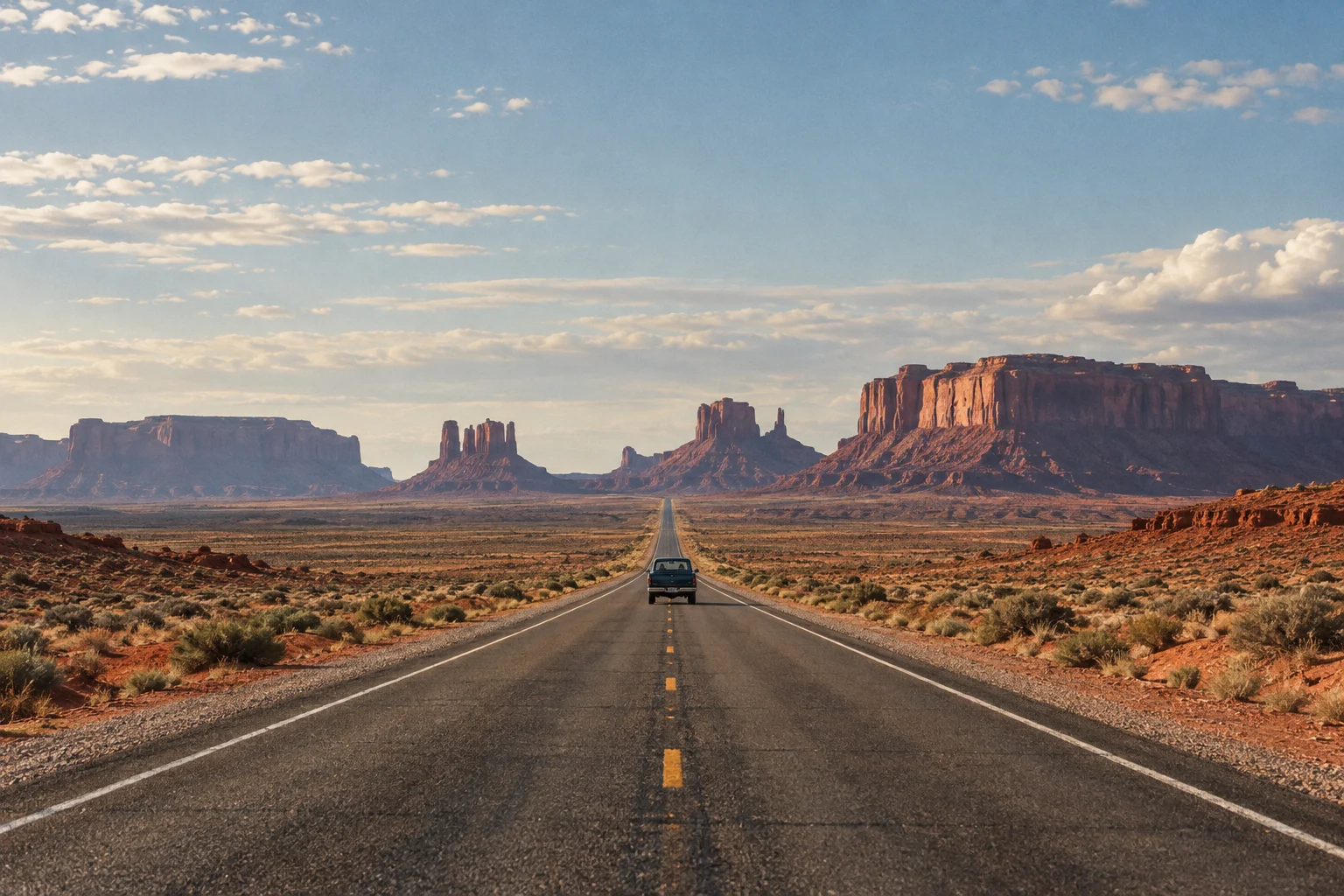 An empty desert highway leading to sandstone mesas