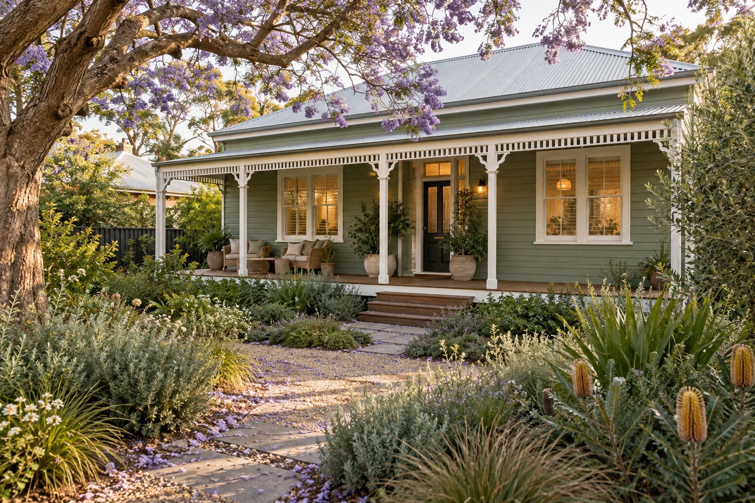 Green veranda and flowering garden