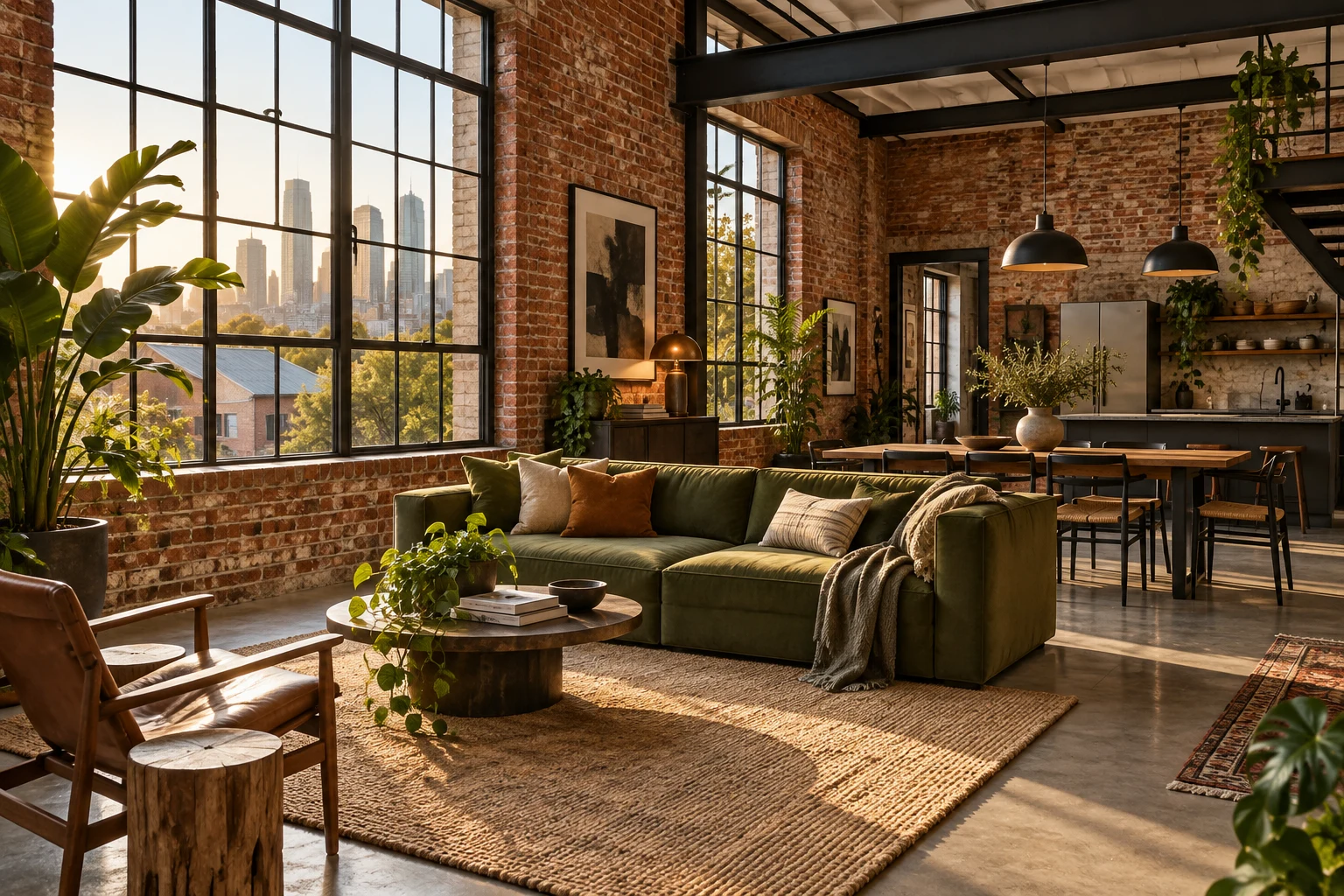 Warm brick loft with plants and desk