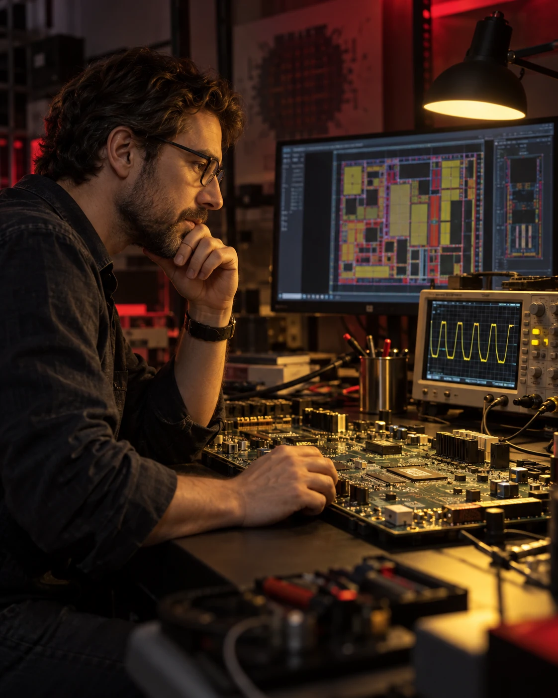 Design engineer working at a circuit development desk
