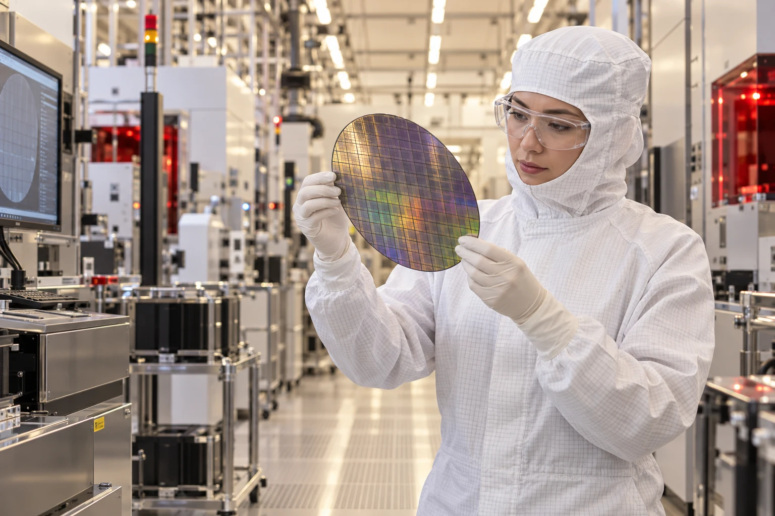 Engineer inspecting a silicon wafer inside a cleanroom