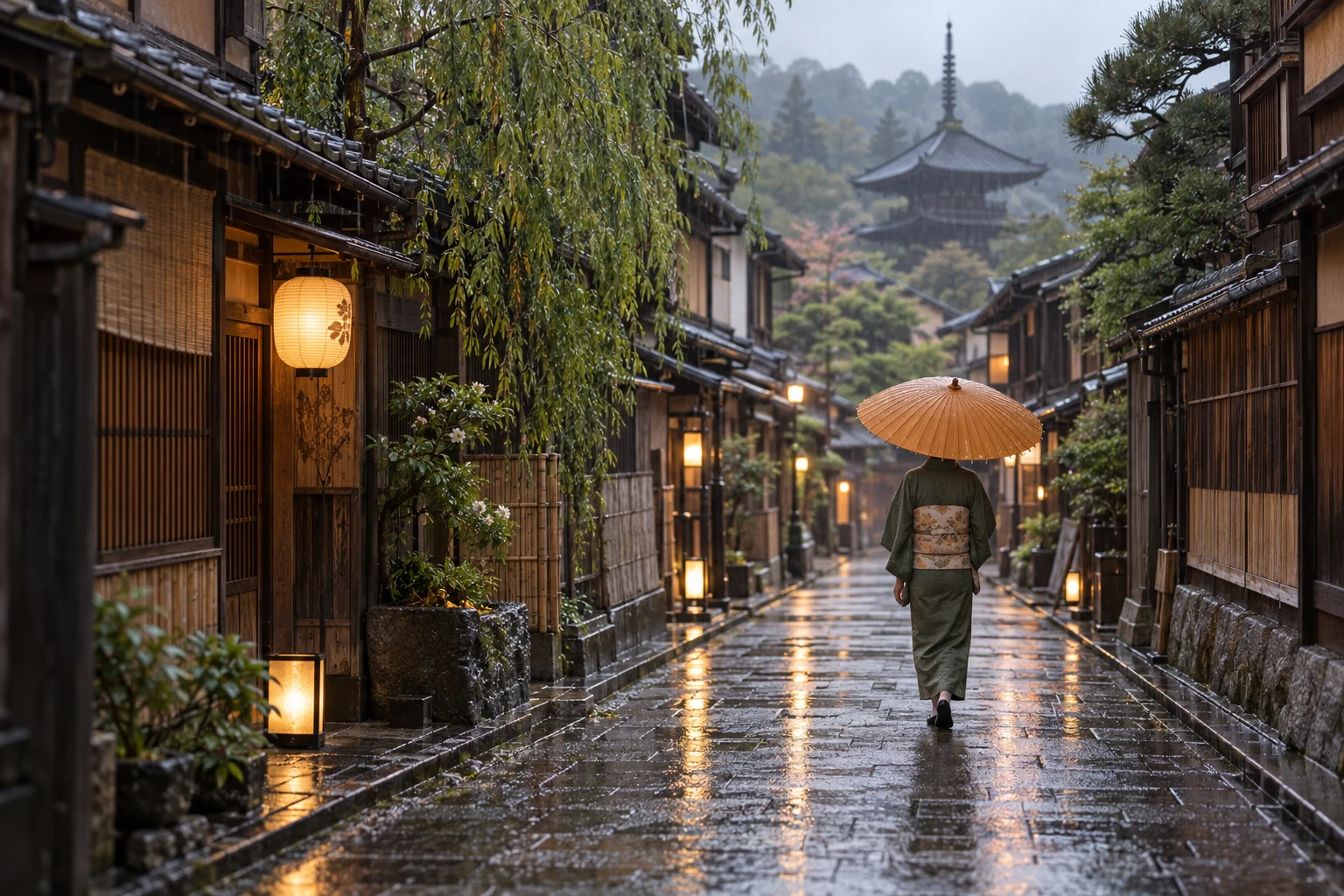 An umbrella on a rain-washed Kyoto lane