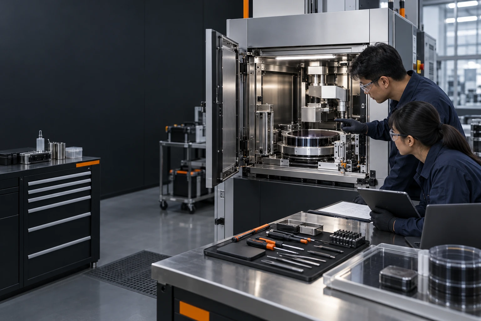 Taiwanese engineers inspecting equipment in a service workshop