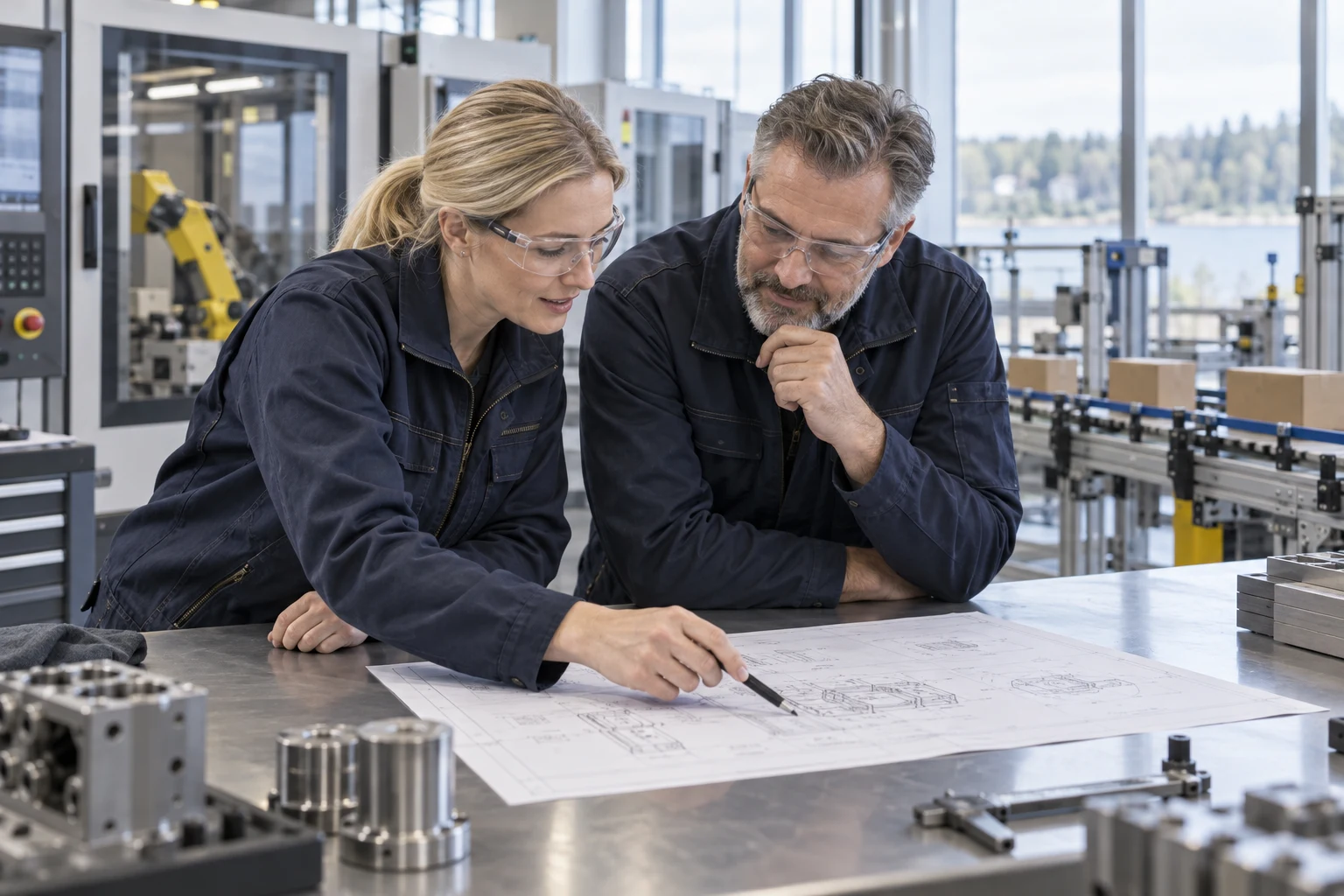 Engineers discussing a packaging project