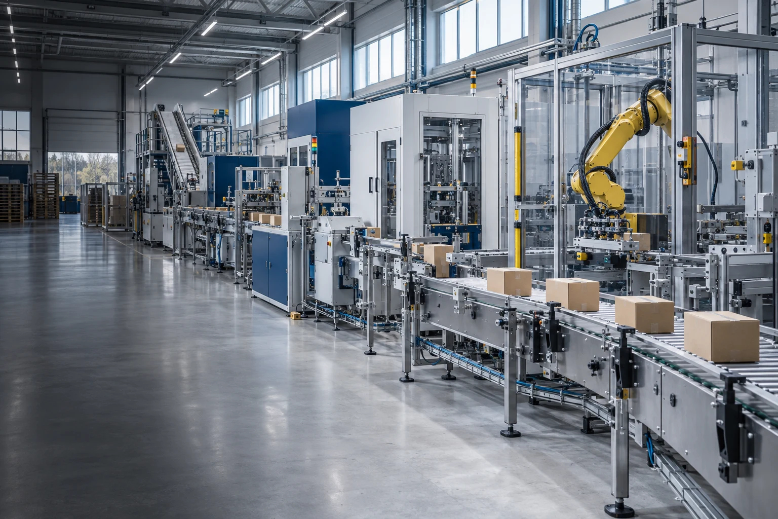 Modern packaging line with stainless conveyors and guarded robotics