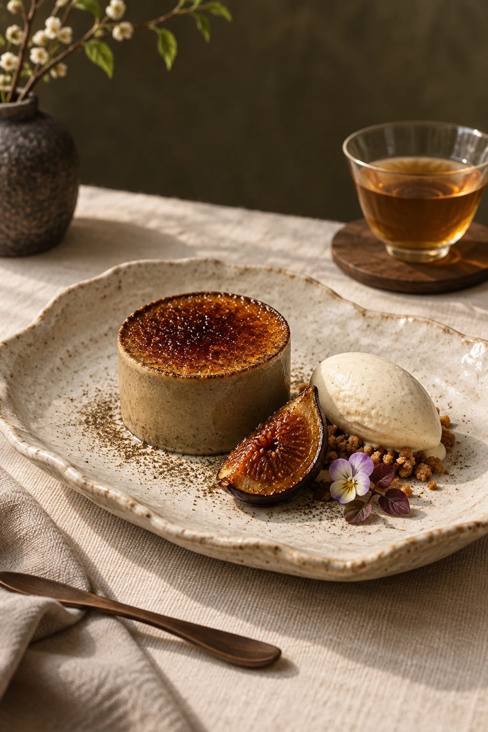 焙じ茶のブリュレと無花果、アイスクリーム