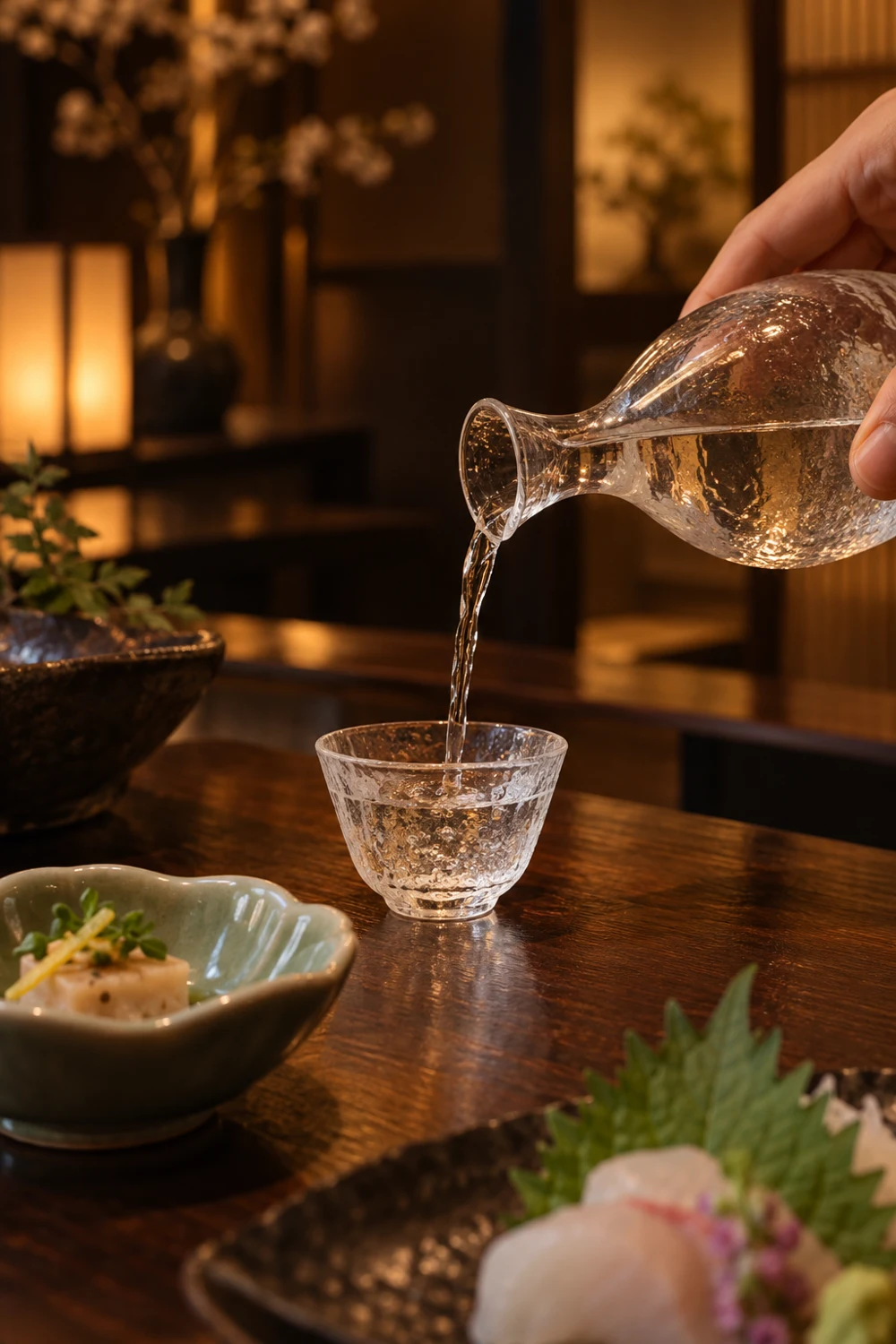 小さなガラスの器に注がれる日本酒